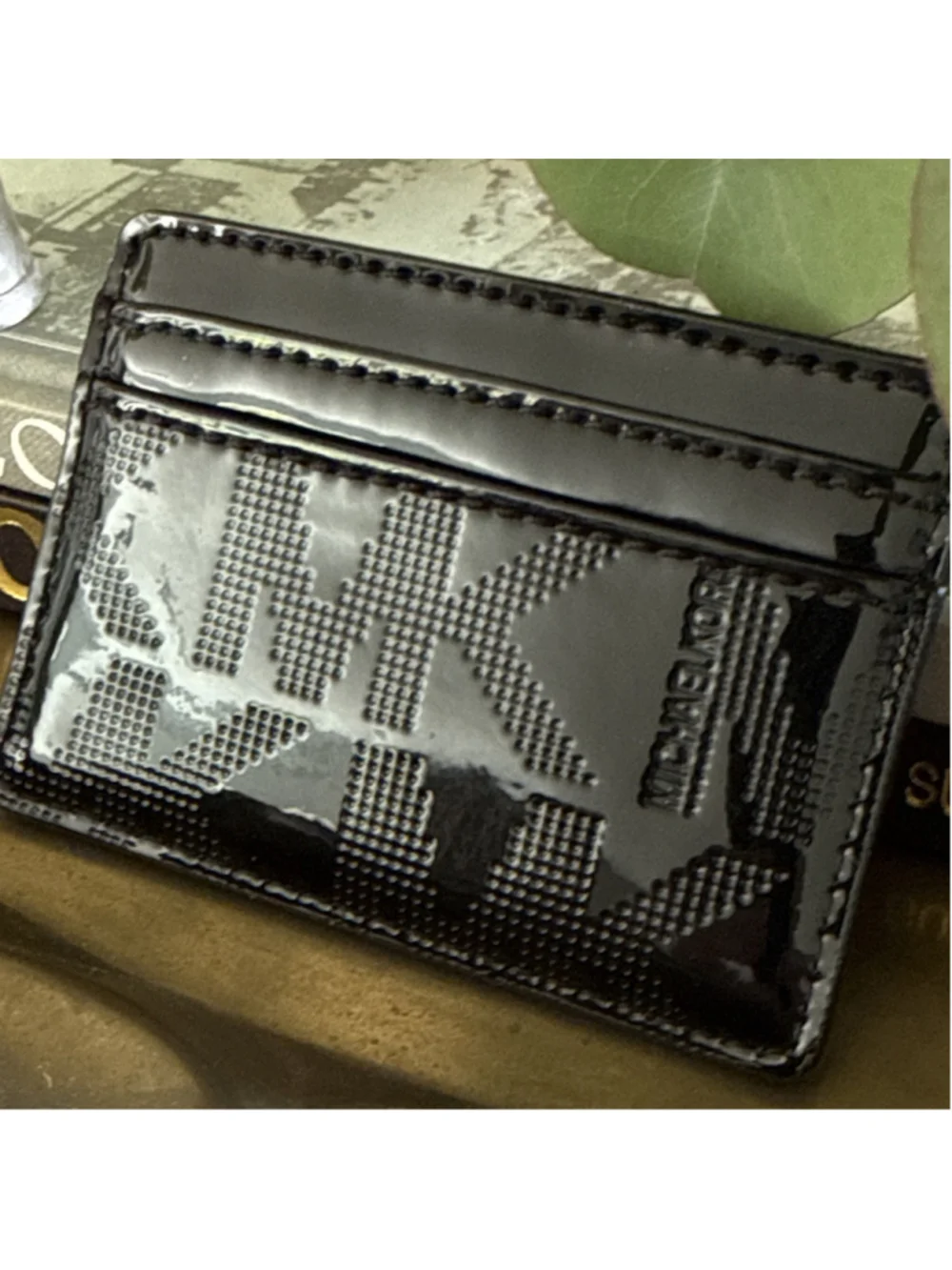 Michael Kors Patent Leather Black Gold applique Card Holder Wallet Money 4 x 2.5